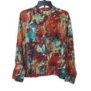 Chico's Shirt Women 2 Large Orange Blue Floral Linen Water Color Artsy Festival